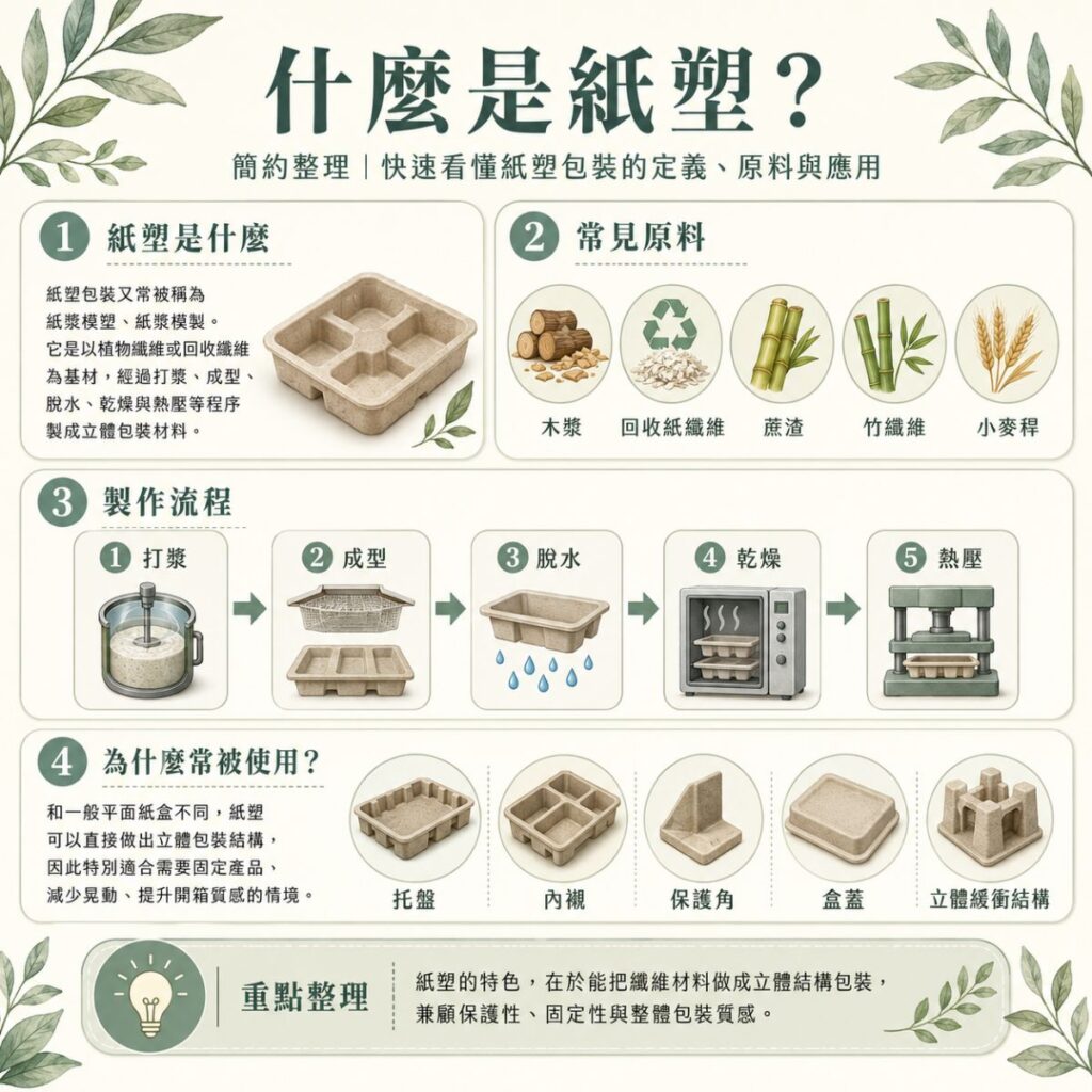 什麼是紙塑資訊圖表，說明紙塑包裝的定義、常見原料、製作流程與應用情境。