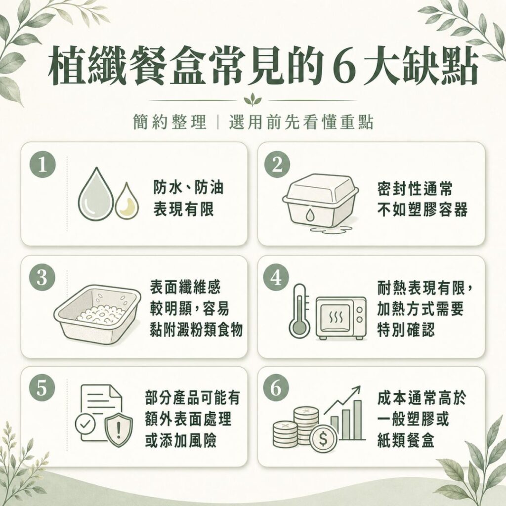 植纖餐盒常見的 6 大缺點資訊圖,包括防水防油表現有限、密封性通常不如塑膠容器、容易黏附澱粉類食物、耐熱表現有限、部分產品可能有額外表面處理風險,以及成本較高。