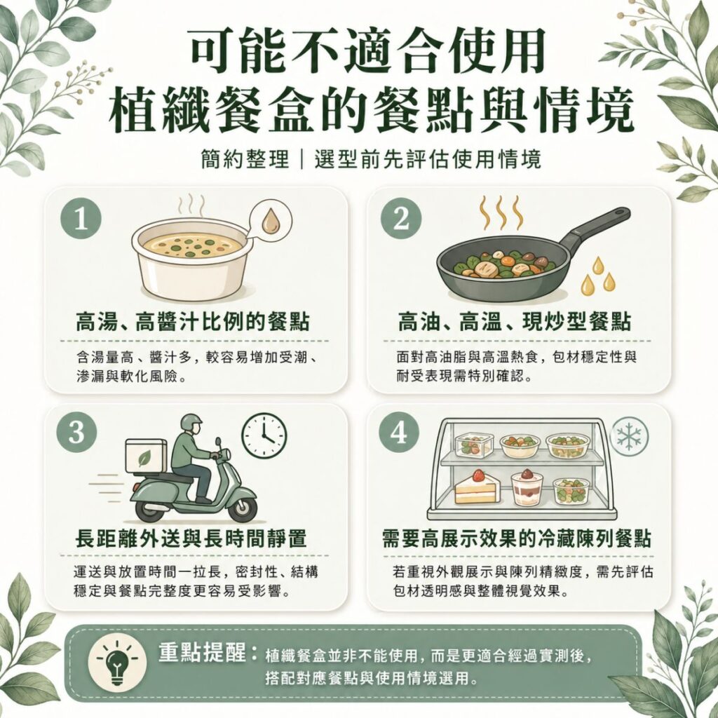 可能不適合使用植纖餐盒的餐點與情境資訊圖,整理高湯高醬汁、高油高溫現炒、長距離外送與長時間靜置,以及需要高展示效果的冷藏陳列餐點。