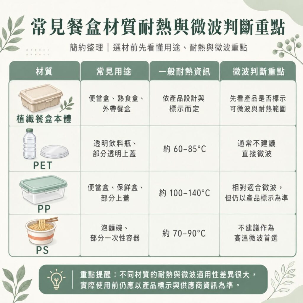 這是一張綠白色系的資訊圖卡,主題為常見餐盒材質的耐熱與微波判斷重點。圖片上方標題寫著「常見餐盒材質耐熱與微波判斷重點」,副標為「簡約整理|選材前先看懂用途、耐熱與微波重點」。中間以表格方式呈現四種常見材質,包括植纖餐盒本體、PET、PP、PS,分別對照常見用途、一般耐熱資訊與微波判斷重點,並搭配餐盒、寶特瓶、保鮮盒、泡麵碗等插圖。下方另有重點提醒區塊,強調不同材質的耐熱與微波適用性差異很大,實際使用前仍應以產品標示與供應商資訊為準。