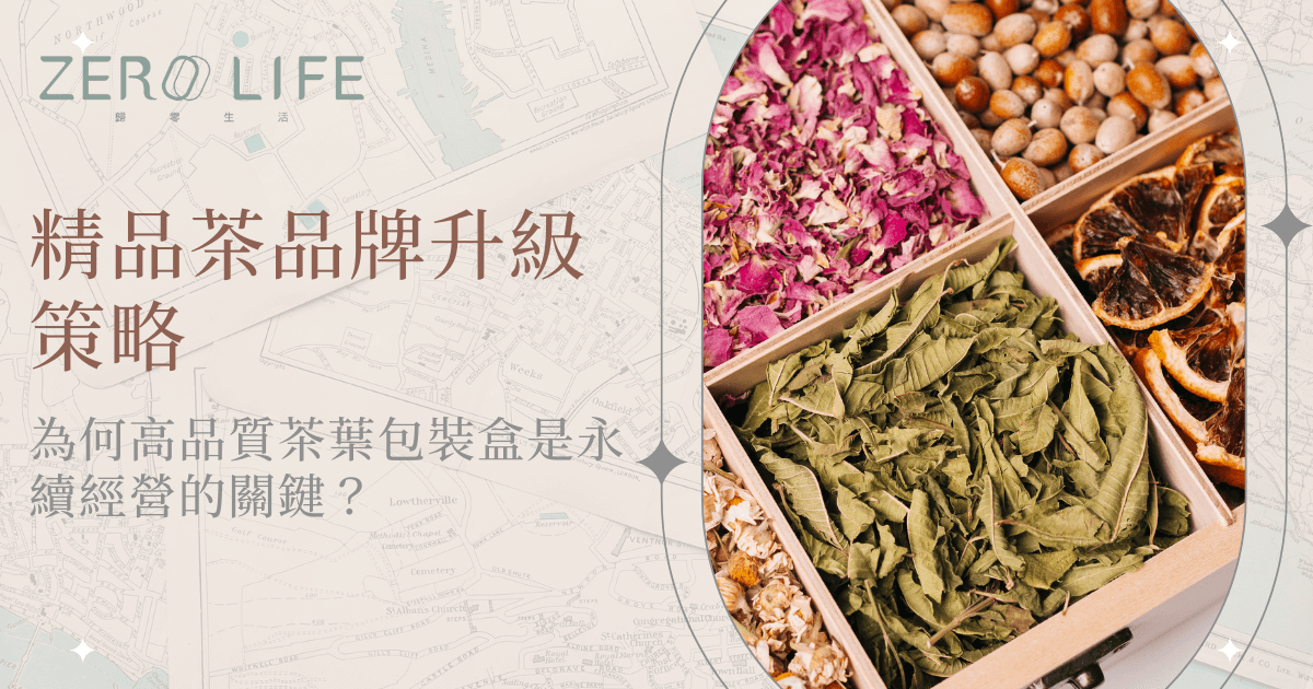 精品茶品牌升級策略示意圖，高品質茶葉包裝盒展示多款天然茶材，強調永續經營與品牌價值