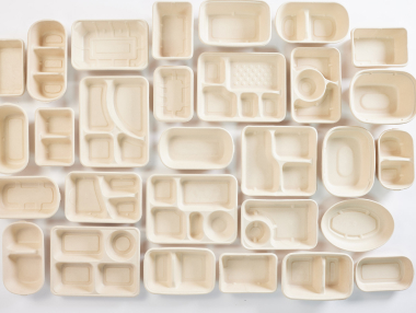 多款植纖餐盒與分隔餐盤排列展示，呈現不同尺寸與結構設計